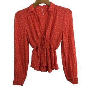 Free People Colette Floral Print Long Sleeve Button Down Blouse Top Red Size XS